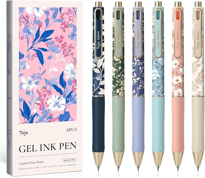 Taja Gel Pens, 6 Pcs Quick Dry Black Ink Pens, 0.5mm Fine Point, Floral | Retractable Pens with Soft Grip, Smooth Writing for Journaling and Note Taking, Cute Aesthetic Design for Women & Men