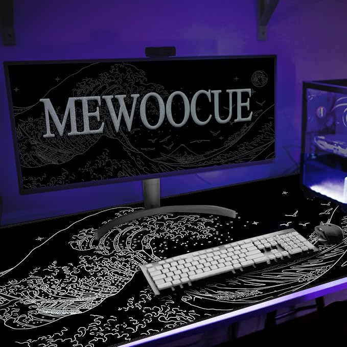 MEWOOCUE® Large Gaming Mouse Pad for Computer,Black Japanese Sea Wave Anime Mouse Mat,Long XXL Waterproof Keyboard Pads,Big Non-Slip Mouse Pads for Game Office Home（47.2 x 23.6 in）