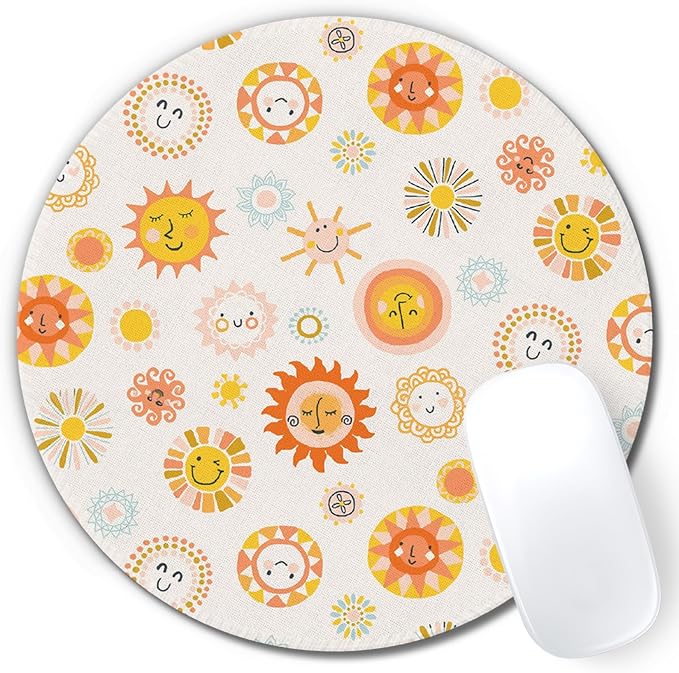 Boho Smiley Sun Sunshine Round Mouse Pad 7.9x7.9in | Boho Office Decor,Yellow Cute Sun Mousepad Mouse Mat for Computer Laptop Home Office Dorm Desk Accessories
