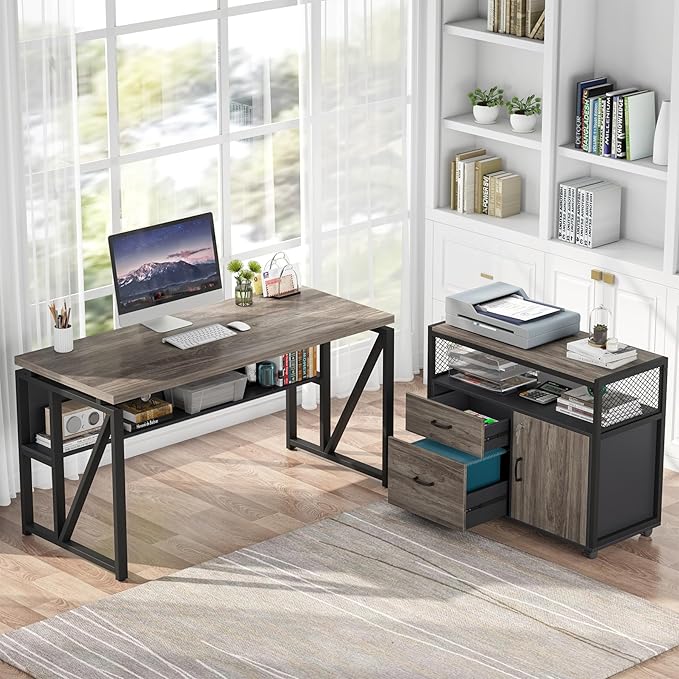 Tribesigns Grey Executive Desk with Cabinet, 55" L Shaped Computer Desk and lateral File Cabinet with Locks, 2 Piece Home Office Furniture Set for Hanging (Gray, 55 inches)