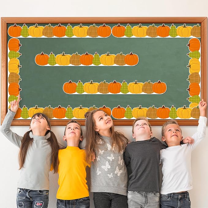BeYumi Fall Pumpkin Border Trim - 65ft Plaid Pumpkin Border Classroom Decor | Thanksgiving Halloween Pumpkin Rolled Bulletin Board Border Office School Chalkboard Kindergarten Classroom Wall Party Decor