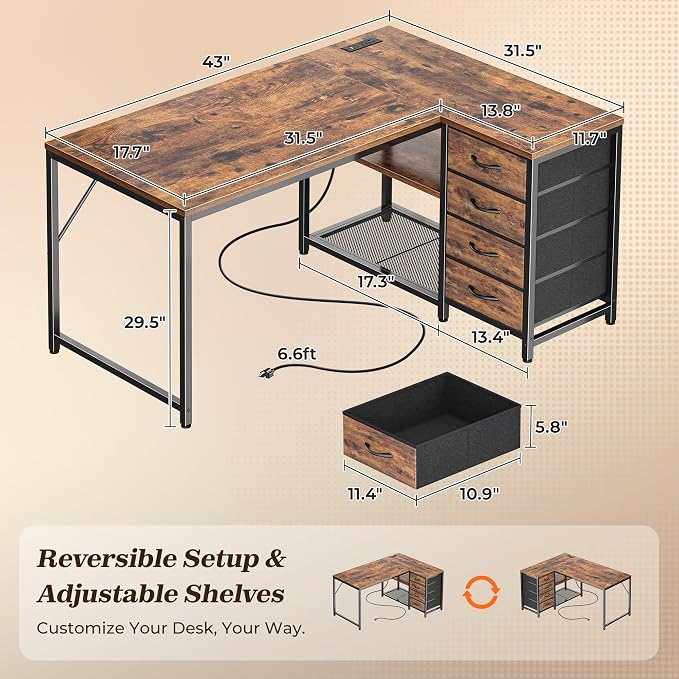 43.3" Small L Shaped Desk with Power Outlets & 4 Drawers | Reversible Computer Desk with 2 Storage Shelves, Corner Office Desk for Gaming Writing Work Study, Rustic Brown
