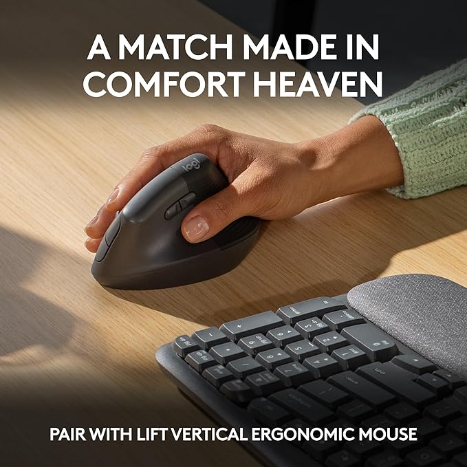 Logitech Wave Keys Wireless Ergonomic Keyboard with Cushioned Palm Rest, Comfortable Natural Typing, Easy-Switch, Bluetooth, Logi Bolt Receiver, for Multi-OS, Windows/Mac - Graphite