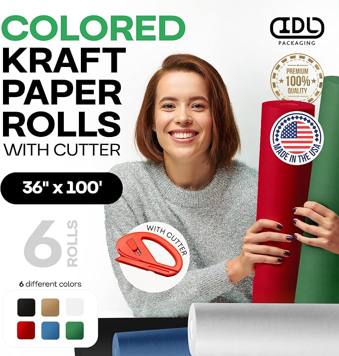 Assorted Colors Kraft Paper with Cutter, Set of 6 Rolls 36" x 1200"(100 ft) | USA-Made Natural Multi-Color Paper for Gift Wrapping, Kids' Arts & Crafts, School & DIY Projects by IDL Packaging