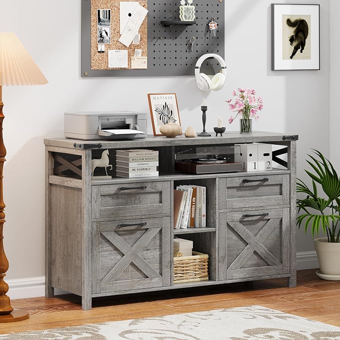 Halitaa File Cabinet with Open Storage Shelf for Home Office, Gray | Farmhouse, Lateral Filing Organization Storage Cabinets, 4 Drawers, Adjustable Shelf, Hanging Files Letter/A4