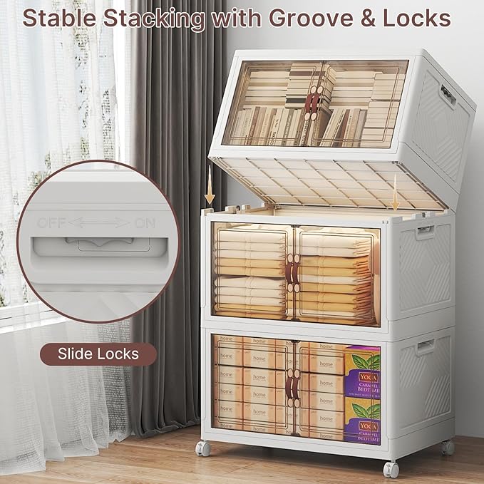 Stackable Storage Bins with Lids, 360QT Lockable Storage Cabinet | Folding Storage Box with Doors and Wheels, Collapsible Plastic Drawers for Home, Garage, Office