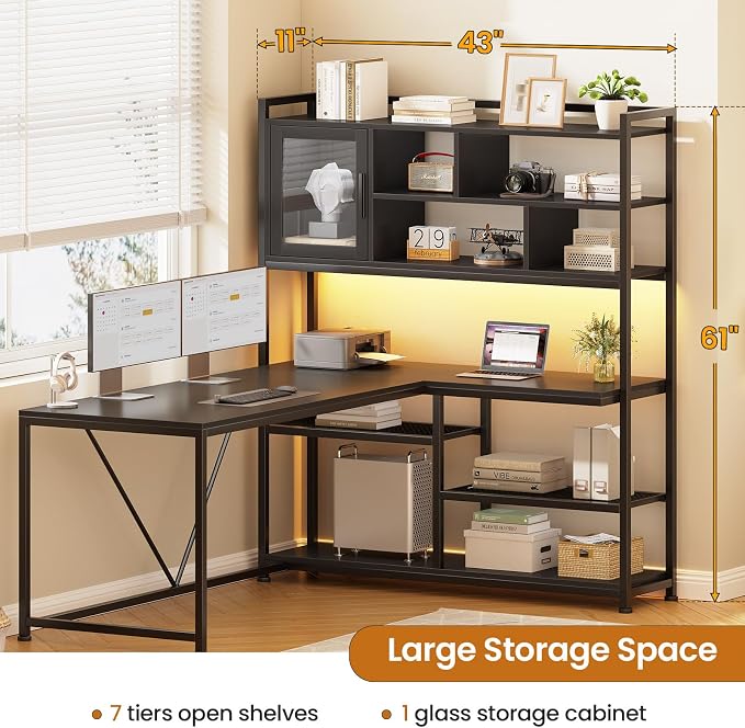 SEDETA L Shaped Computer Desk with Storage Shelves and Bookshelf, Black | 58'' Reversible Office Desk with LED Light, Glass Door Cubby, L Shaped Corner Desk for Gaming, Two Monitors, Small Space