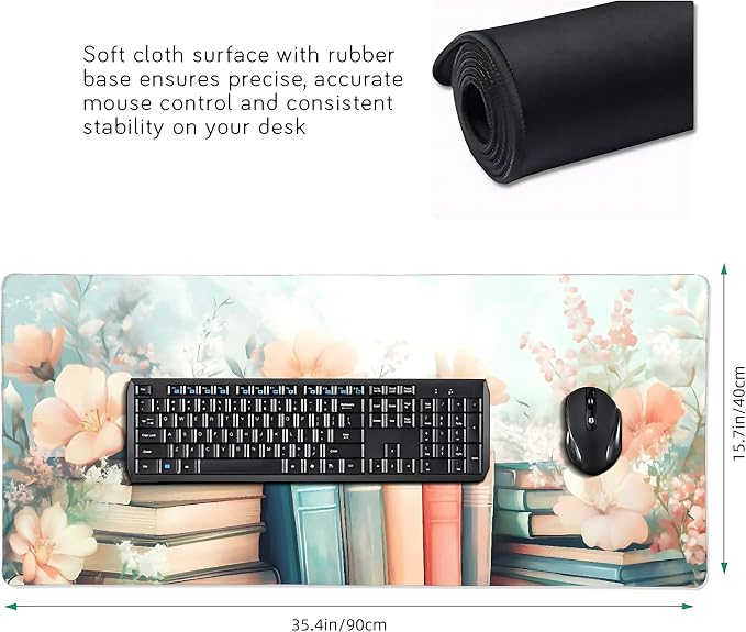 Floral Aesthetic Book Gaming Mouse Pad, Black Blue Cottagecore Desk Mat with Anti-Slip Base & Stitched Edges, Office Supplies & Desk Decor for Women, 35.4" x 15.7" in Home Office Essentials