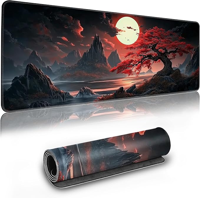 Long Gaming Mouse Pad Extended Anime Large Desk Pad with Non-Slip Base Full Keyboard Mat with Stitched Edges for Gaming and Office 31.5 x 11.8 inches (Night Cherry Blossom)