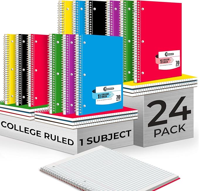 24 Pack Bulk Spiral Notebook, 1 Subject, College Ruled, 70 Sheets | Spiral Notebook Bulk, 8 x 10-1/2", 3 Hole Punched, Single Subject Bulk College Ruled Notebooks for School, Assorted Colors