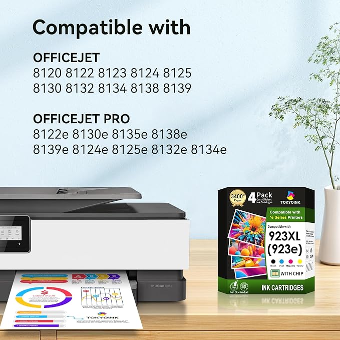 TOKYOINK 923 923e 923XL Ink Cartridge Combo Pack Replacement for HP 923 Ink | Work for HP Printer OfficeJet Pro 8130e 8135e 8139e 8125e 8138e 8122e 8120 8124e 8130 Printer With Chip(4 Pack B/C/M/Y)