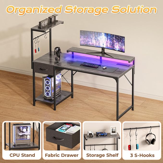 47.2 Inch Gaming Desk with LED Lights & Power Outlets | Computer Desk with Drawer & Storage Shelves, Office Writing Desk with Monitor Stand for Work from Home, Grey