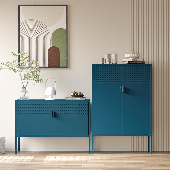 COFaR Peacock Blue Metal Cabinet, 47”H Modern Sideboard with Adjustable Shelves, Stylish Coffee Bar & Buffet Storage for Dining Room, Kitchen, Ventilated Metal Organizer with Magnetic Doors