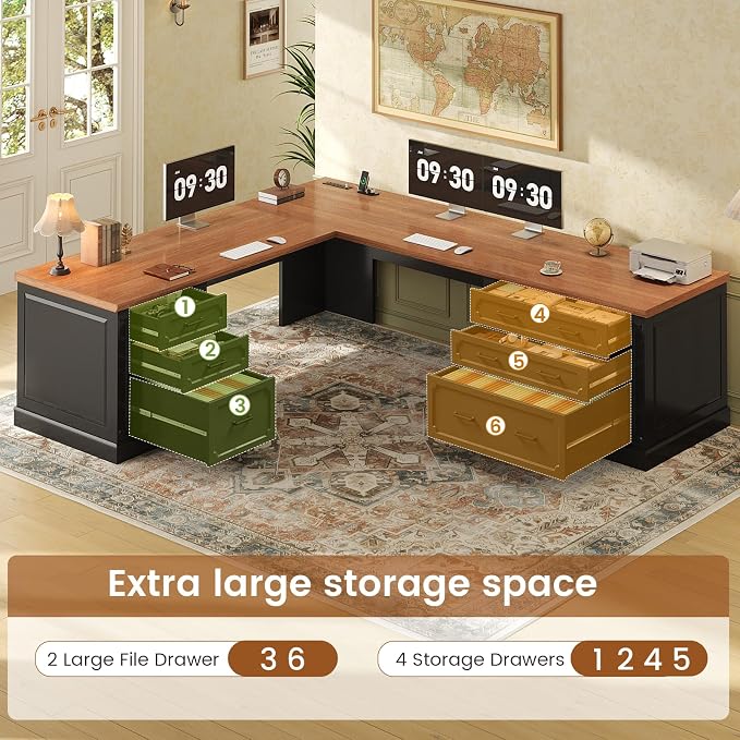 SEDETA Farmhouse 78.8" L Shaped Desk with 6 Drawers, Home Office Desk with Power Outlet, File Cabinet Storage, Wood Corner Computer Desk for Work and Study, Black+Brown