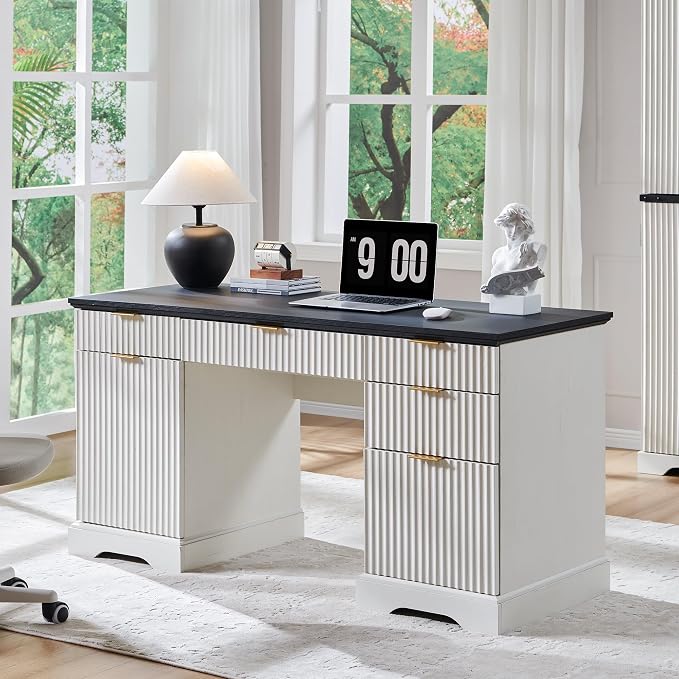 58" Modern Executive Desk with 5 Drawers & 1 Cabinet, Built‑in Outlet | Fluted Computer Writing Desk for Study, Living Room, Bedroom, Antique White