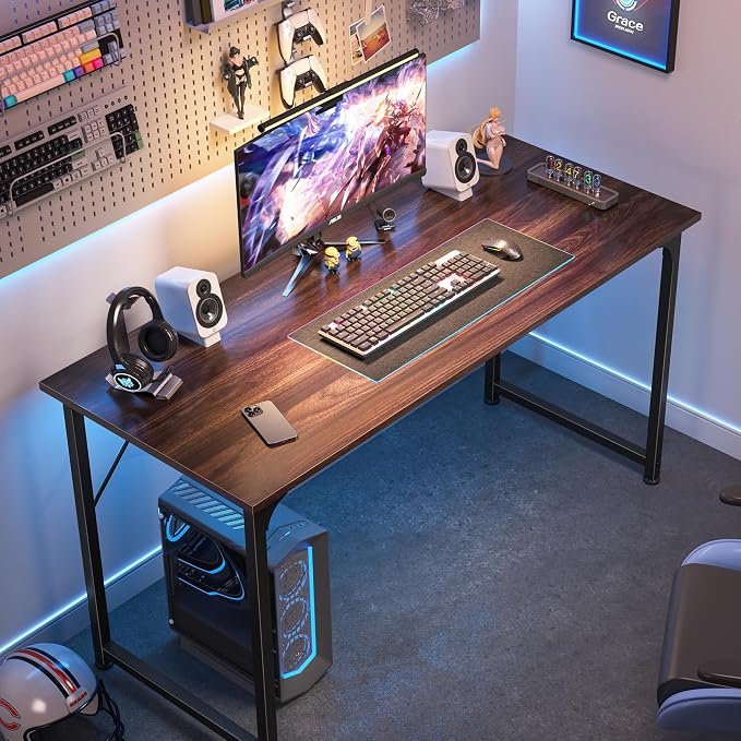 Huuger Computer Desk, 48 Inch Office Desk, Gaming Desk with Storage, Writing Desk Work Desk for Home Office, Study, Modern Simple Desk, Large Legroom, Metal Frame, Walnut