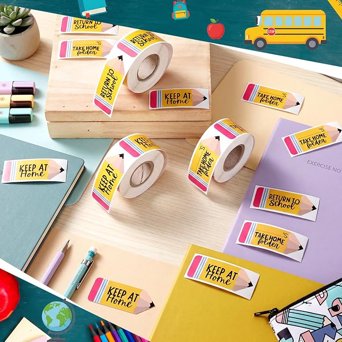 600 Pcs Take Home Return to School Labels,Pencil | 3 Rolls Thermal Printed, Student Homework Folder Stickers, Keep at Home Label, Classroom Office Organization