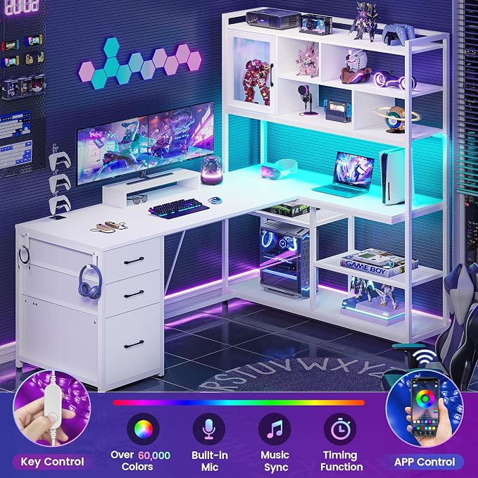 SEDETA 58'' L Shaped Computer Office Desk with 3 Drawers and Bookshelf | L Shaped Corner Desk with Storage Shelves and LED Light for Home Office, Gaming, Small Space, White