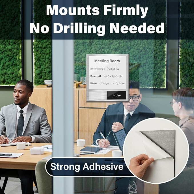 Conference Room Door Sign with Slider – Office Door Sign for Meeting Room, Writable Whiteboard Panel, DIY Custom Insert Options, In Use Available Sign, Self-Adhesive Mount, Brushed Silver