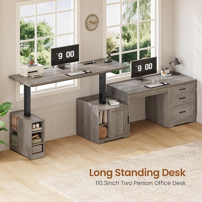 SEDETA Farmhouse L Shaped Standing Desk with Storage for Home Office (Grey) | 63" x 67" Height Adjustable Executive Desk, L Shaped Desk, Computer Desks with Power Outlet
