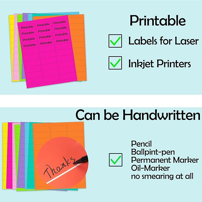YSHIHE 1" x 2-5/8" Colored Labels Stickers 8 Colors Bright Moving Labels 24 Sheets,720 Labels for Laser/Inkjet Printer, Permanent Adhesive