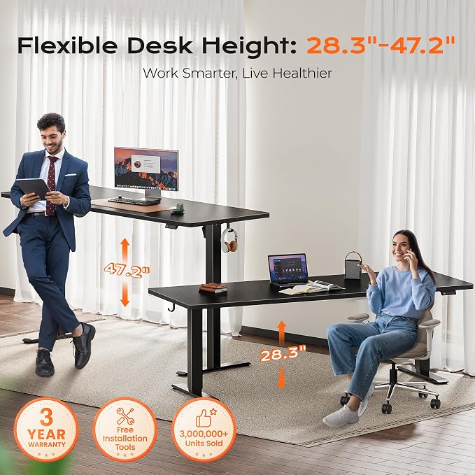 Huuger 78.7'' x 29.5'' Large Electric Standing Desk, Height Adjustable Computer Desk, 29.5" Deep Desktop, Stand up Gaming Office Desk with 2 Hooks, 3 Preset Heights, for Home Office, Black