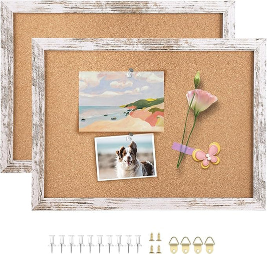 Cork Board Bulletin Board, Decorative Hanging Framed Cork Boards for Walls, Pin Board Vision Board for School Home Kitchen and Office, Bulletin Board with White Wood Frame (4333,WH,2pc)