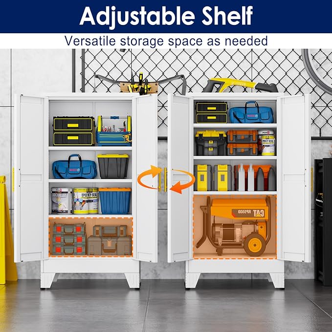erosoei 47" H Metal Garage Storage Cabinet, Metal Pantry Cabinet with 2 Doors, Locker Steel Cabinet with 3 Adjustable Shelves, Freestanding Cupboard for Garage,Office,Home,Gym,School