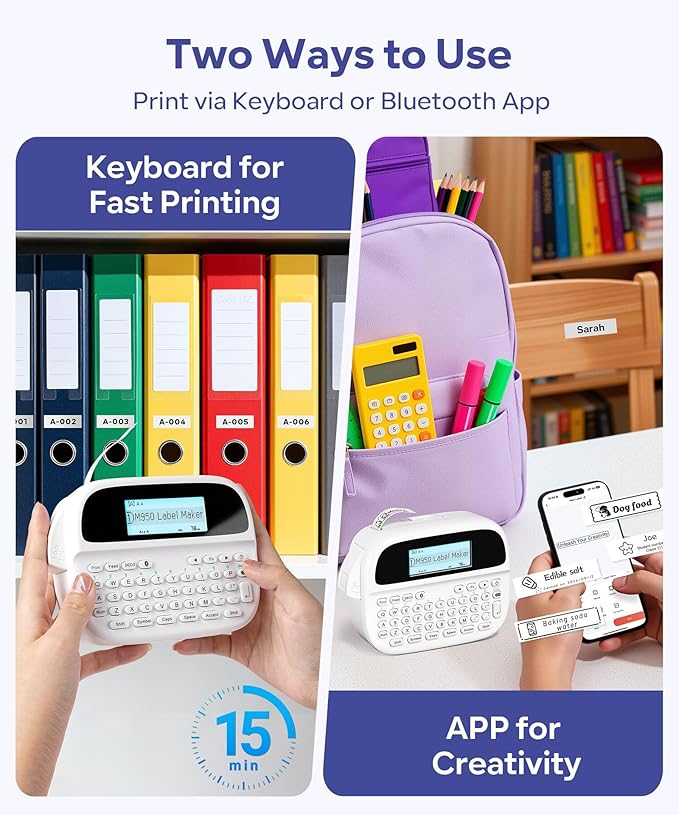 Label Maker Machine with Tape, Rechargeable Backlit Bluetooth Labelmaker, Replacement for Ptouch Label Maker Machine, M950 12mm Inkless Label Printer, Teacher School Office Supplies