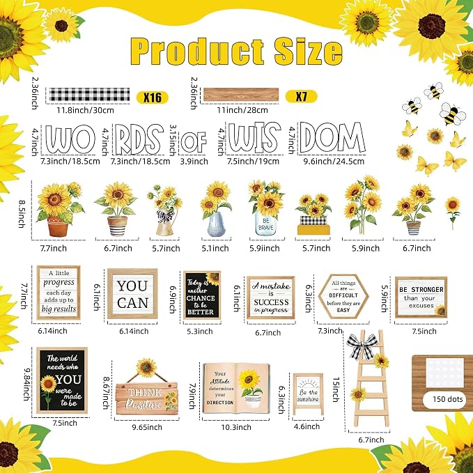 Summer Sunflower Bulletin Board Set Motivational Flower Classroom Decorations Words of Wisdom Bulletin Board Sunflower and Vases Bookshelf Paper Cutouts for Back to School Classroom Library Wall Decor