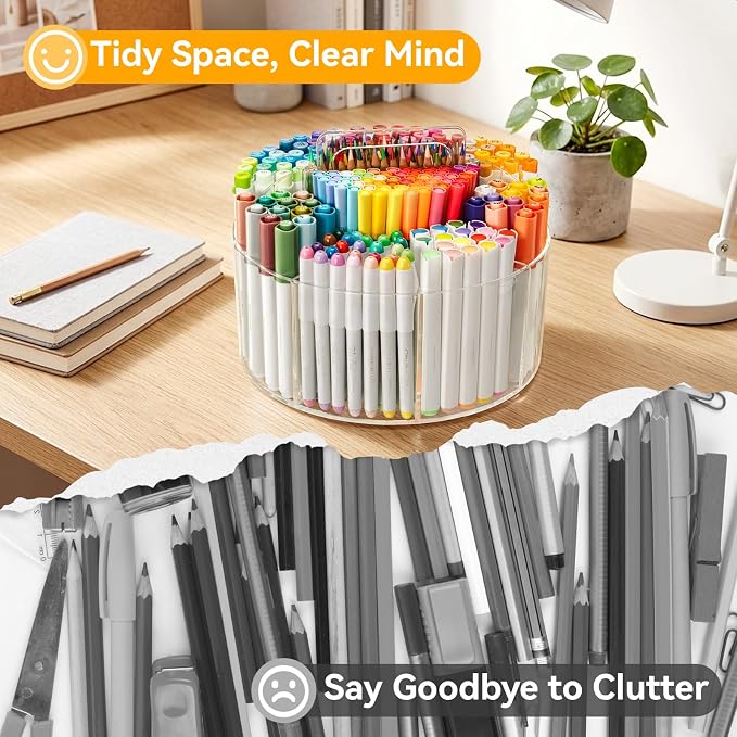 Ohuhu 360° Rotating Acrylic Marker Storage Organizer for Alcohol Markers | Clear Acrylic Pen Holder with Hidden Handle, 10 Compartments for Markers Pens & Pencils, Home Classroom Office Desk Organizer