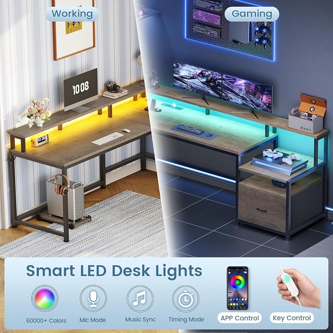 SEDETA 66" Reversible L Shaped Computer Desk with Power Outlet, File Drawer | Home Office Desk with Monitor Shelf, Storage Shelves, LED Lights for Corner Small Spaces, Gaming, Walnut