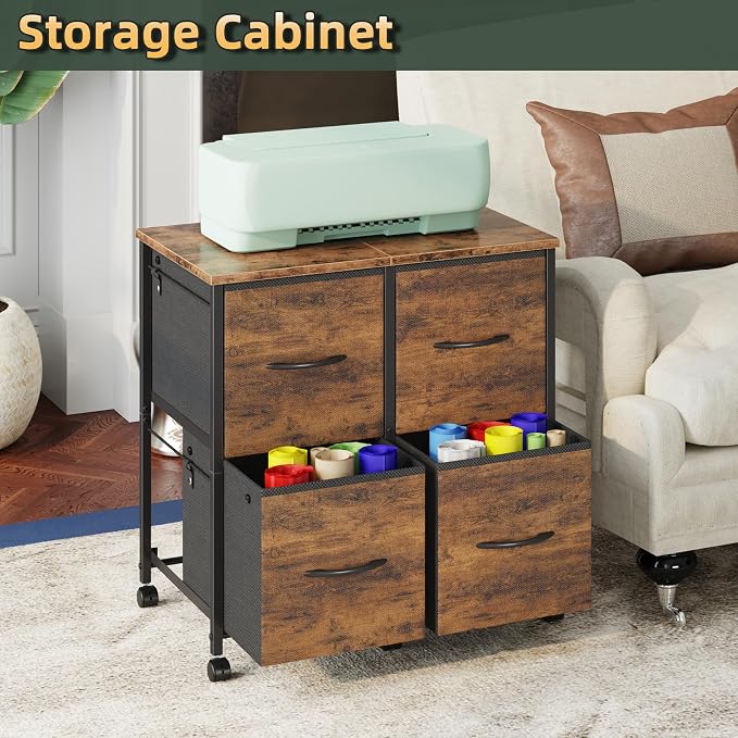 4 Drawer Lateral File Cabinet, Mobile Filing Cabinet Printer Stand | For Large Printer, Sturdy Metal Frame & Wood Top, Holds 50 Lbs, Fits Letter/A4 Size (No Legal), Fabric Drawer, Rustic Brown