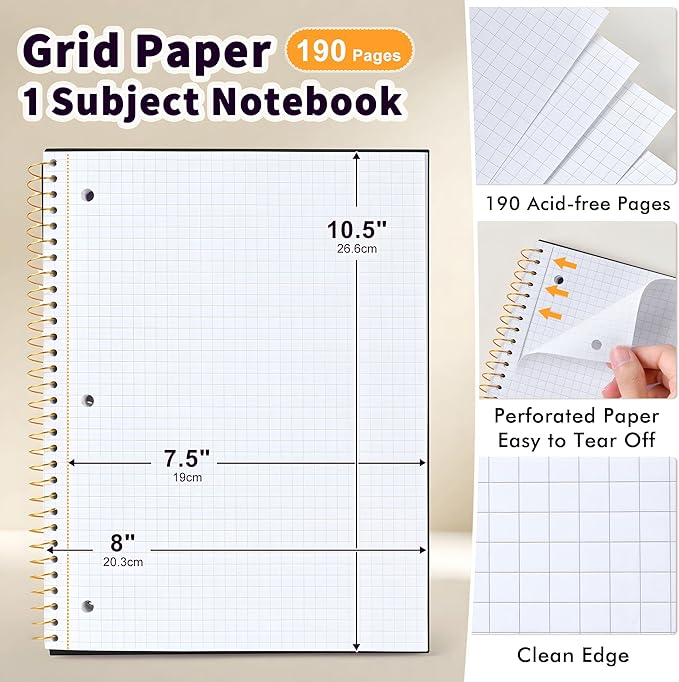 Spiral Notebook Graph Ruled Paper 8" x 10 1/2", 1 Subject Spiral Grid Notebook 3-Hole Punched Perforated Page Ideal for School, Office, Writing, 95 Sheets Lined Journaling Graphing Notebook, Black