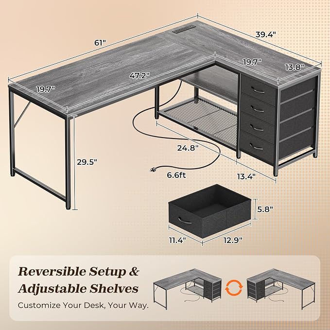 53" L Shaped Desk with Power Outlets & 4 Drawers | Reversible Computer Desk with 2 Storage Shelves, Large Corner Office Desk for Gaming Writing Work Study, Grey