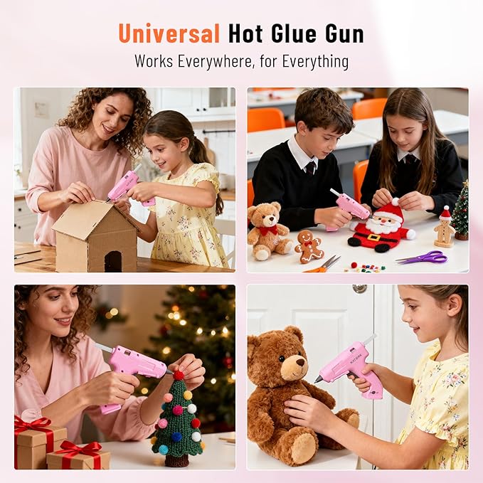 Katerk 3.7V Cordless Hot Glue Gun Kit, 90s Fast Heating, Mini Glue Gun with 15 Glue Sticks, USB-C Rechargeable with 2000mAh Built-in Battery, Ideal for DIY, Gift Making, School Crafts & Repairs (Pink)