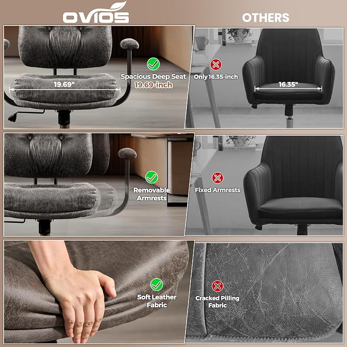 ovios Home Office Chair with Thick Cushion, Mid-Century Modern Faux Leather Ergonomic Chairs, Mid Back Swivel Rolling Computer Executive Armchair (Dark Grey, Suede Leather)