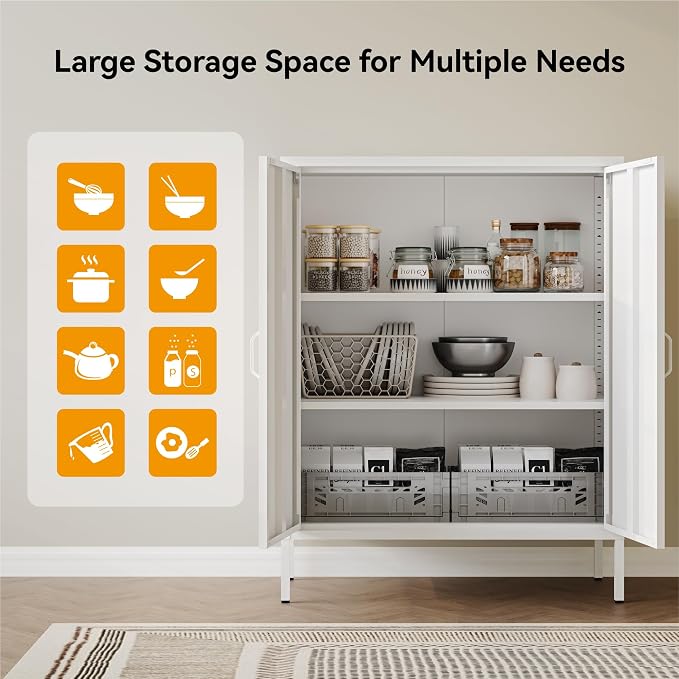 COFaR White Metal Storage Cabinet, 40” Kitchen Buffet & Coffee Bar Cabinet with Adjustable Shelves, 3-Tier Steel Organizer with Magnetic Doors, Sideboard for Dining Room, Home Office