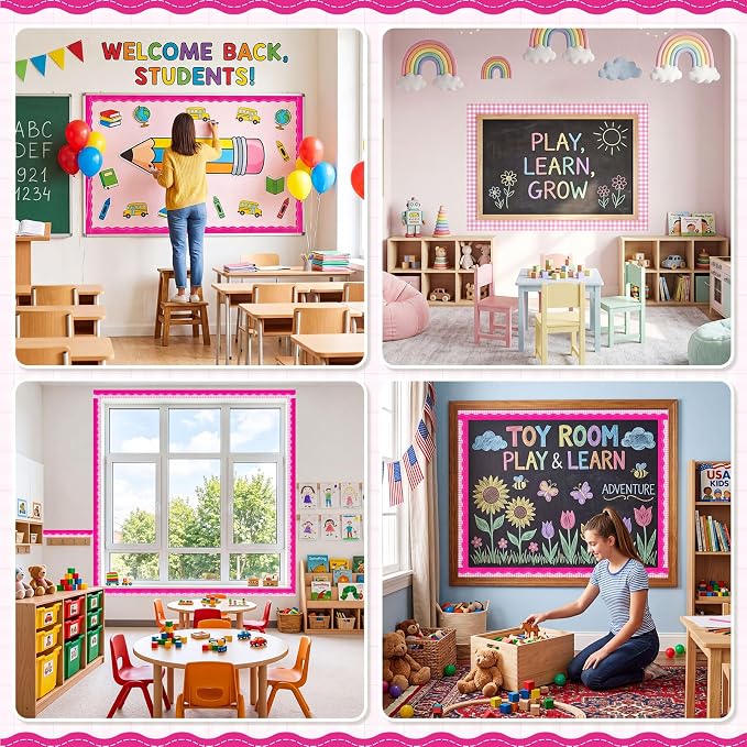 2 Rolls 65.6ft Hot Pink Gingham Bulletin Board Borders Decoration Pink Checkered and Straight Edge Bulletin Borders Board Trim for Office School Classroom Chalkboard Party Decoration