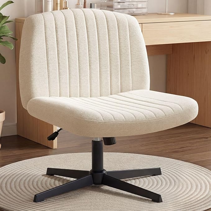 Orange Factory Criss Cross Chair, Wide Fabric Vanity Seat, Beige No Wheel | Cozy Cross-Legged Comfort, 360° Swivel, Height Adjustable, Durable Base and Comfy Seating for Office, Desk, or Computer Use
