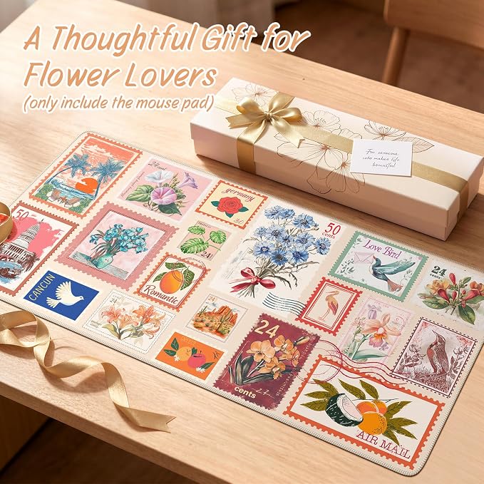 iCasso Vintage Floral Desk Mat, XXL Collage Mouse Pad,Beige | Anti-Slip Big Mousepad with Stitched Edges for Aesthetic Office Decor,Cute Desk Decor Accessories