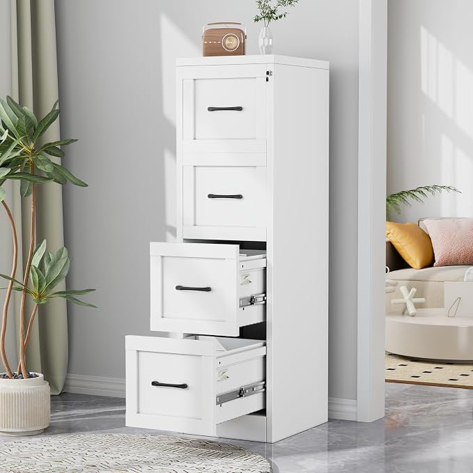 4-Drawer Metal File Cabinet with Lock, Tall Narrow Vertical, White | Tall metal filing cabinet with adjustable rails for Letter, Legal and A4 folders; one lock secures all four drawers
