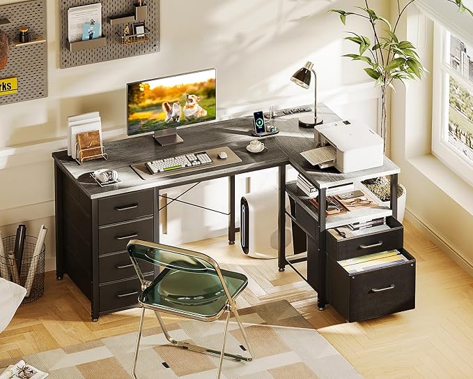 Coleshome 55 Inch L Shaped Office Desk with 6 Drawers, Power Outlet, Grey | 5 Fabric Drawers, File Drawer, USB and Type-C Ports, Open Storage Shelf, Reversible Layout for Home Office