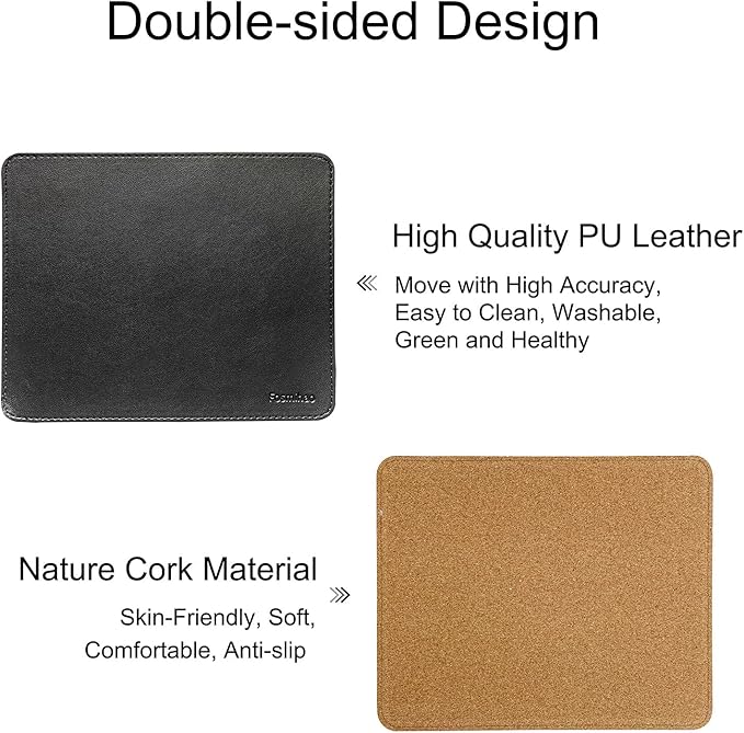 Leather Mouse Pad - Wood Mouse Pad, Double Side Mouse Pad with Stitched Edge, Waterproof Ultra Thin Mouse Pad for Computers, Laptop, Office & Home, 10.2 x 8.3 Inch, 1 Pack (Black)