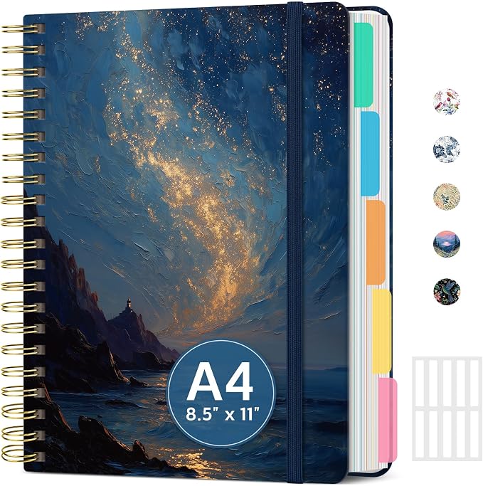 Spiral Notebooks for Work 5 Subject Notebook with Removable Dividers | Aesthetic Hardcover Journal for Women 8.5" x 11" College Ruled 280 Pages Journal for School & Note Taking, Golden Tide