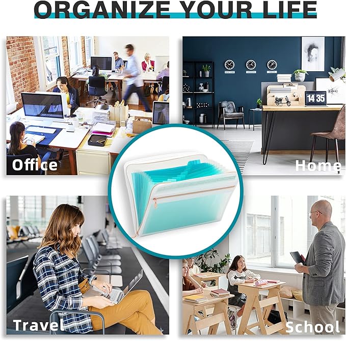 H4D Accordion File Organizer, 13 Pocket Expanding File Folder, Teal | Zippered, Front Clear Pouch, Letter Size Paper, A4 Paper, Fit for Documents