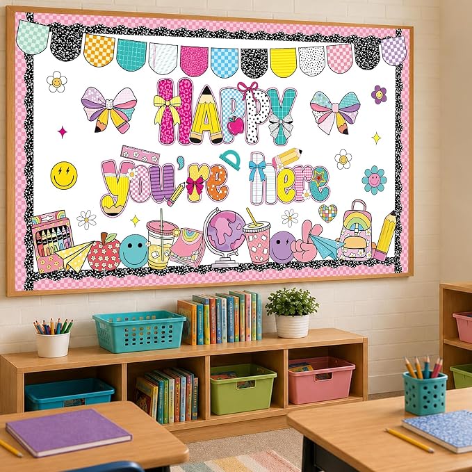 Back to School Bulletin Board Decorations Composition Notebook Classroom Decor Happy You're Here Bulletin Board Smile Face Pencil Paper Cutouts for Classroom Chalkboard Wall Decor Teacher Supplies