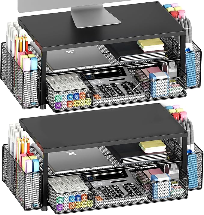 Desk Organizer and Accessories, 2-Tier Computer Monitor Stand Riser with Drawer and 2 Pen Holders, Laptop Stand, Office Desk Accessories for Office Supplies, 2 Pack, Black