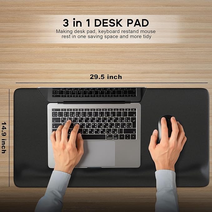 JIKIOU Large Mouse Pad with Wrist Rest, Desk Pad with Built in Wrist Rest, Waterproof Gaming Mouse Pad with Non-Slip Base for Typing Pain Relief Black 29.5x14.9 inch