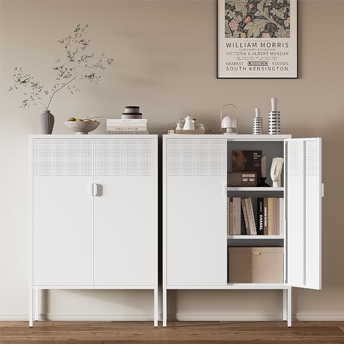 Metal Storage Cabinet,2 Door TV Stand, Metal Mesh Accent Cabinet | Magnetic Door Closure,Low Storage Cabinets with Doors and Shelf for Home,Office,Living Room
